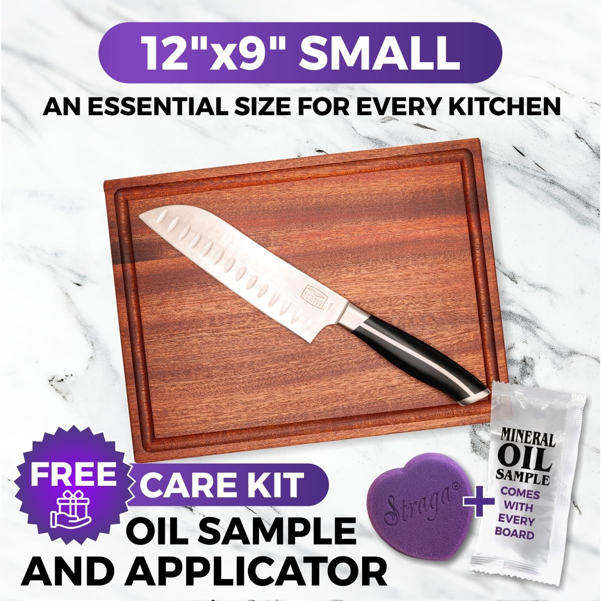 Straga Premium Mahogany Hardwood Cutting Board, 12" x 9" x 0.75", Sustainable Kitchen Essential, Deep Juice Groove, Dual-Function Design, Free Mineral Oil Sample and Sponge Applicator for Easy Care