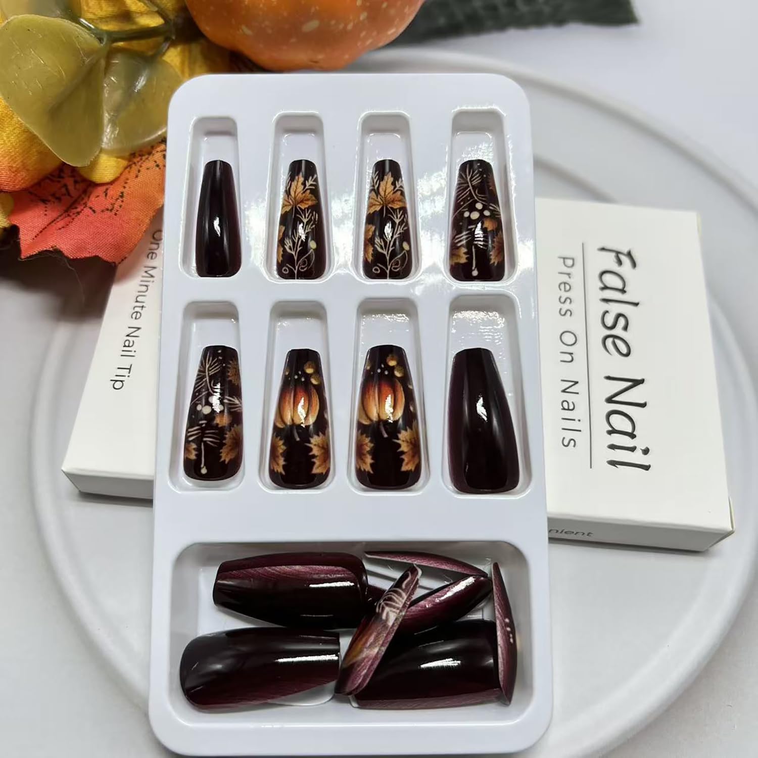 Fall Dark Red Coffin Press-On Nails - Image 4