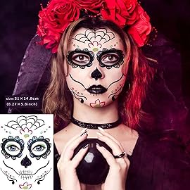 20 Sheets Day of the Dead Face Sugar Skull Tattoos,Including 8 Large Sheets Halloween Temporary Face Tattoos, Halloween Sugar Skull Face Tattoos