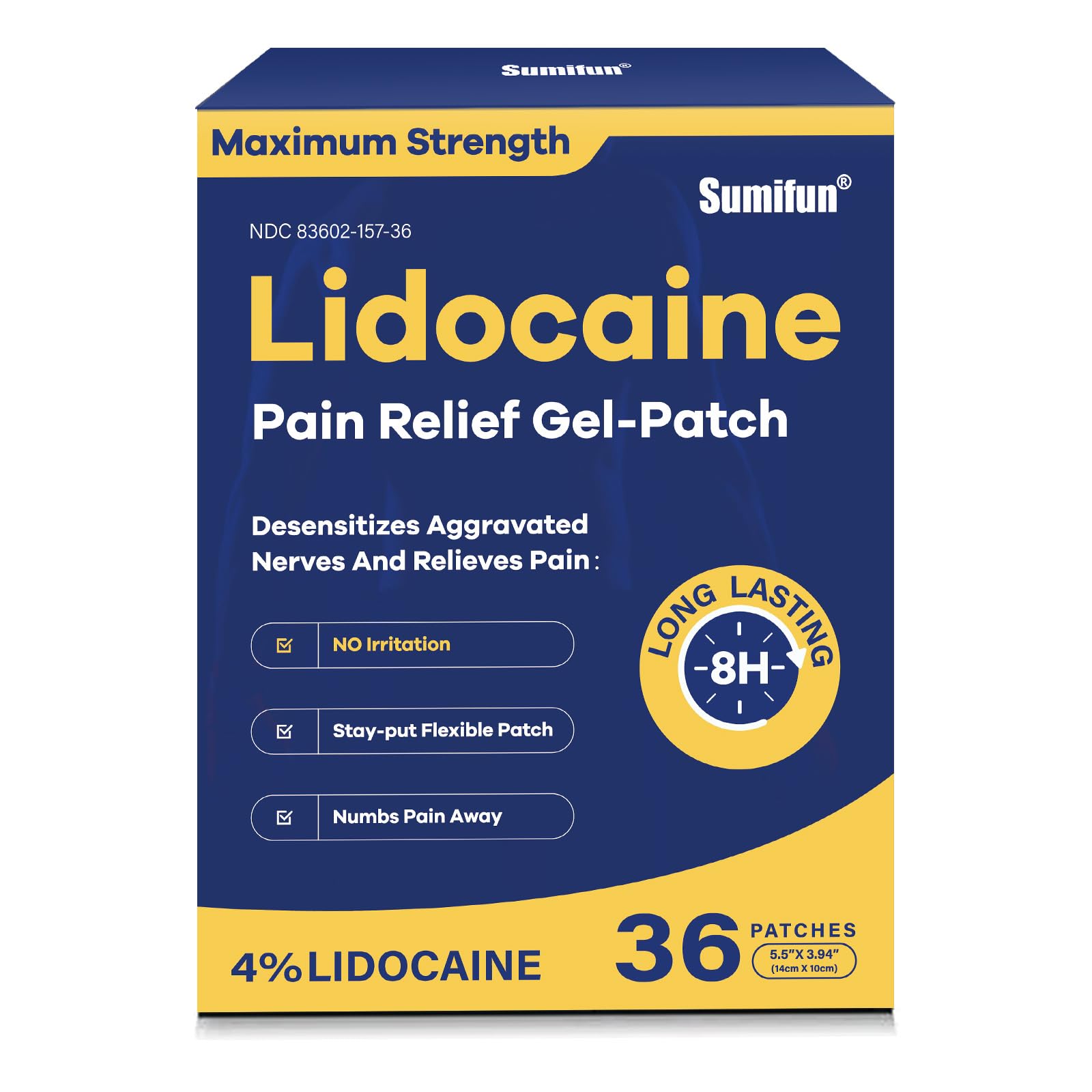 Sumifun 4% Lidocaine Pain Relief Patches - OTC Maximum Strength – Flexible & Long-Lasting, 36-Count Lidocaine Patches for Back, Neck, Muscle, Joint Pain- Unscented Pain Patch