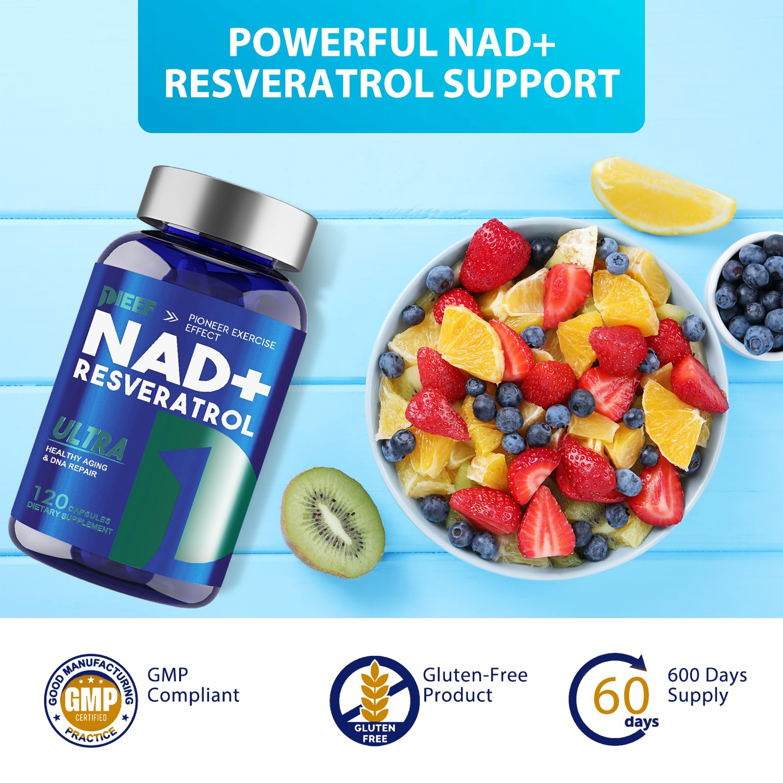 NAD+ Supplement 1500mg mit Resveratrol, 120 Kapseln, Zelluläre Energie & Stoffwechselunterstützung, NMN Alternative für Männer & Frauen
