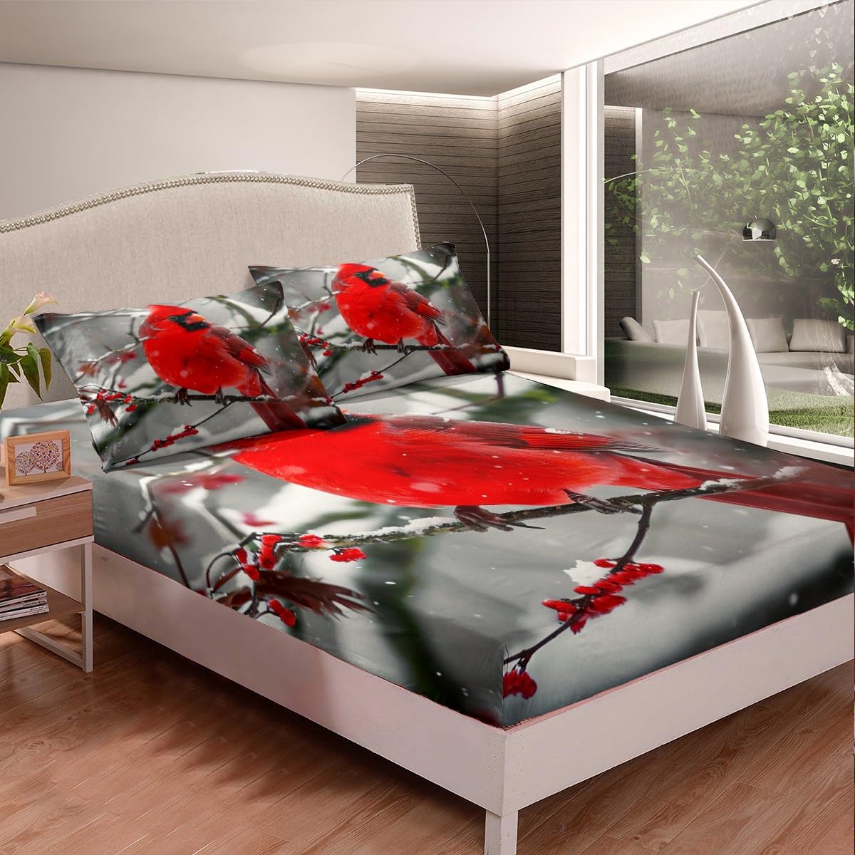 Erosebridal Boys Cardinals Fitted Sheet Twin Size,Red Sparrows Sheet Set Michigan Birds Bed Sheet Winter Snowflake Bed Cover Finches Bedroom Decor for Child Youth Man