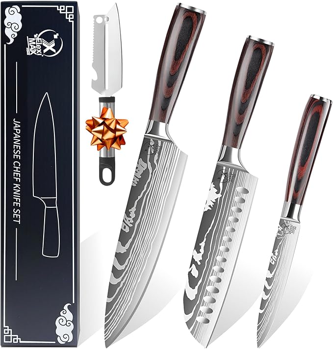 Fleximaxx Home Cuchillos cocina juego de cuchillos de cocina Chef de 8” Santoku de 7” Multiusos de 5” Pelador patatas Cuchillos cocina profesional cuchillo cocinero