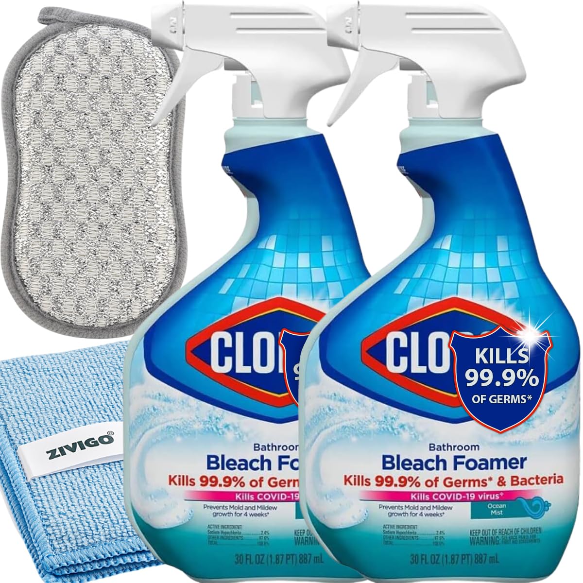 2 Bleach Foamer Bathroom Cleaner, 30 oz Spray Bottle, with 1 Microfiber Cleaning Cloth + 1 Duvilo Scrubbing Sponge