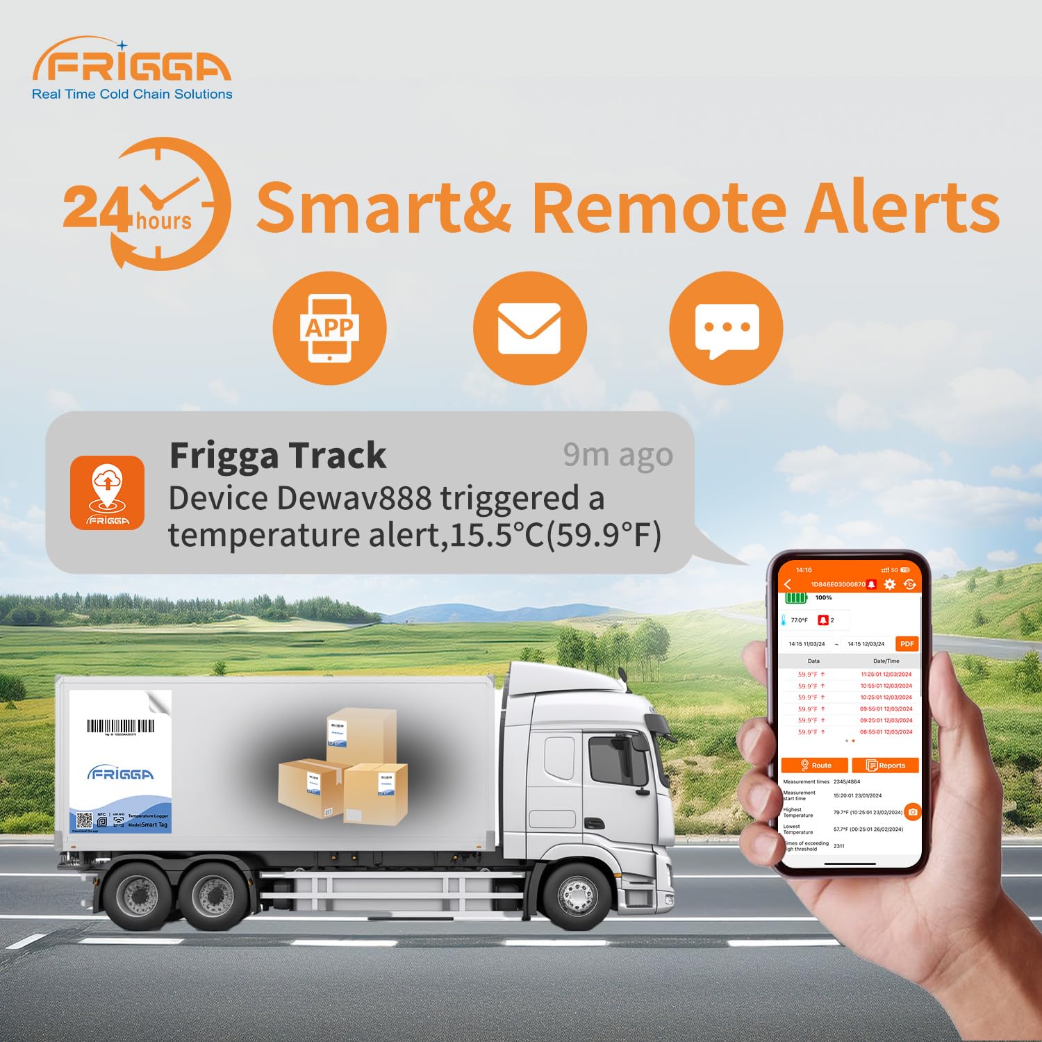 Frigga Smart Tag Near-Real-Time Temperature Logger Single Use Smart App Control for Pharmacy Cold Chain Logistics High Accuracy with PDF Report