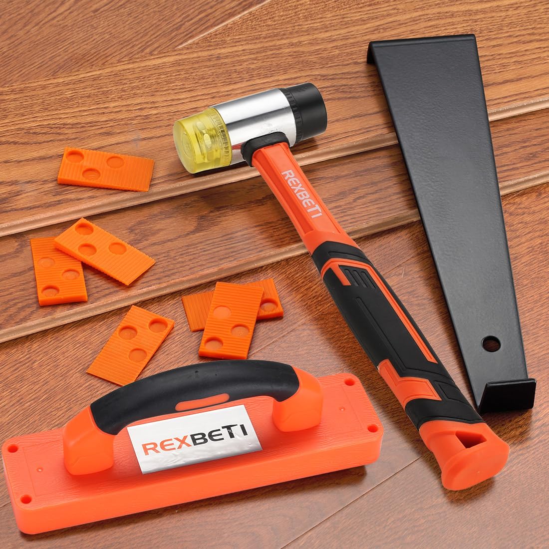 REXBETI - Kit de instalación de suelos de madera laminada con bloque de roscado sólido, barra de tracción larga y ancha, mazo reforzado de doble cara y 40 espaciadores