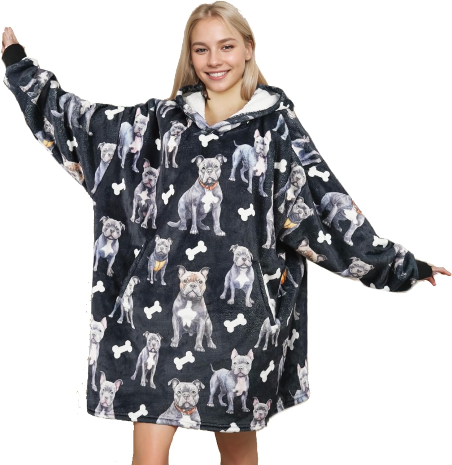 Pitbull Gifts for Men Women, Wearable Flannel Blanket Hoodies, Super Soft Warm Cozy with Big Pockets - One Size Fits Most