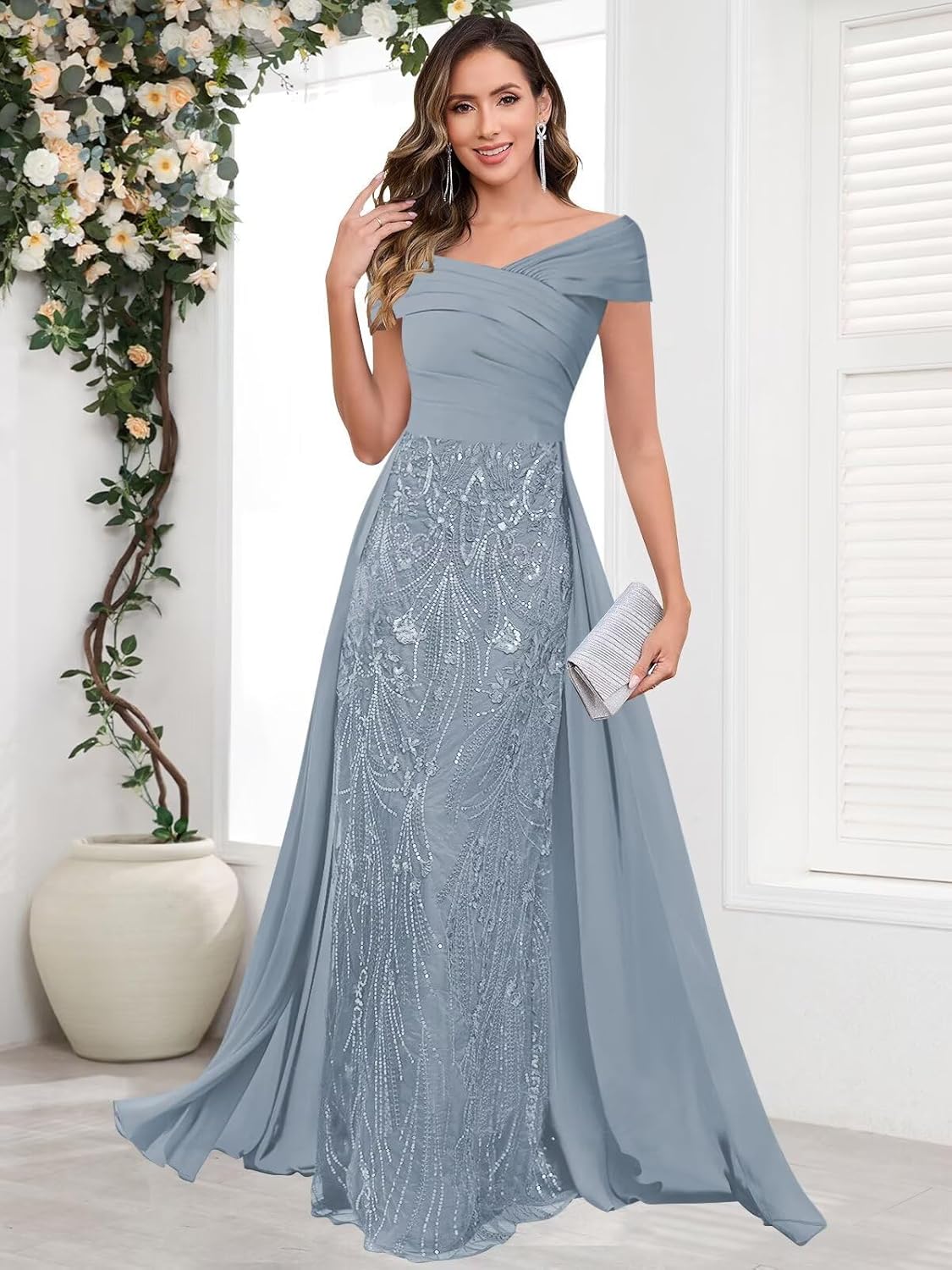 Chiffon Mother of The Bride Dresses - Off The Shoulder Pleated Sequin Wedding Formal Dress for Women