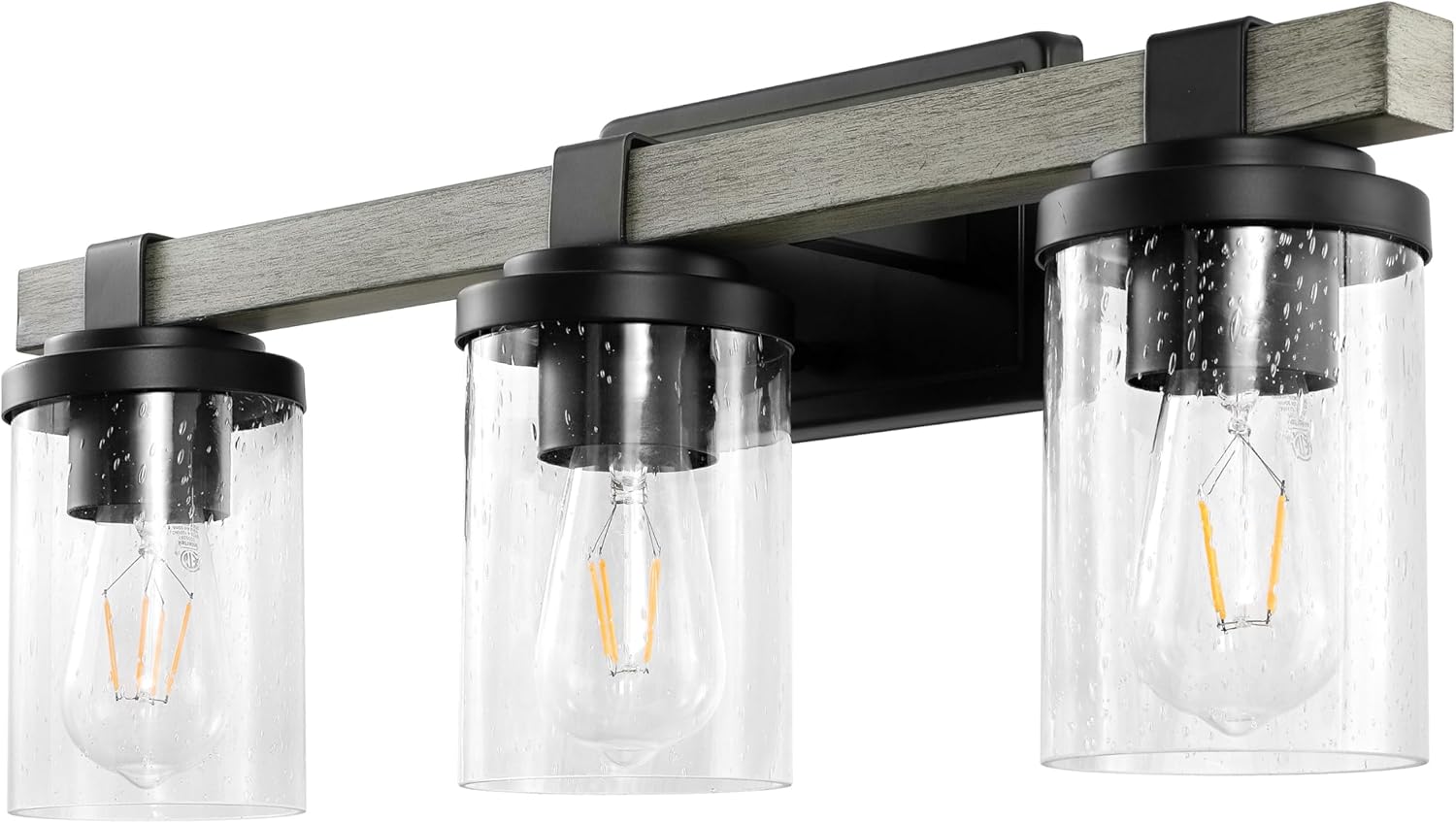 JONATHAN Y 22.75" Black/Gray Oak Wood Finish LED Vanity Light, Rustic Farmhouse Sconce, Clear Seeded Glass Shade, Industrial Wall Lamp for Bathroom Mirror, Kitchen Sink, LED Bulb (JYL7509B)