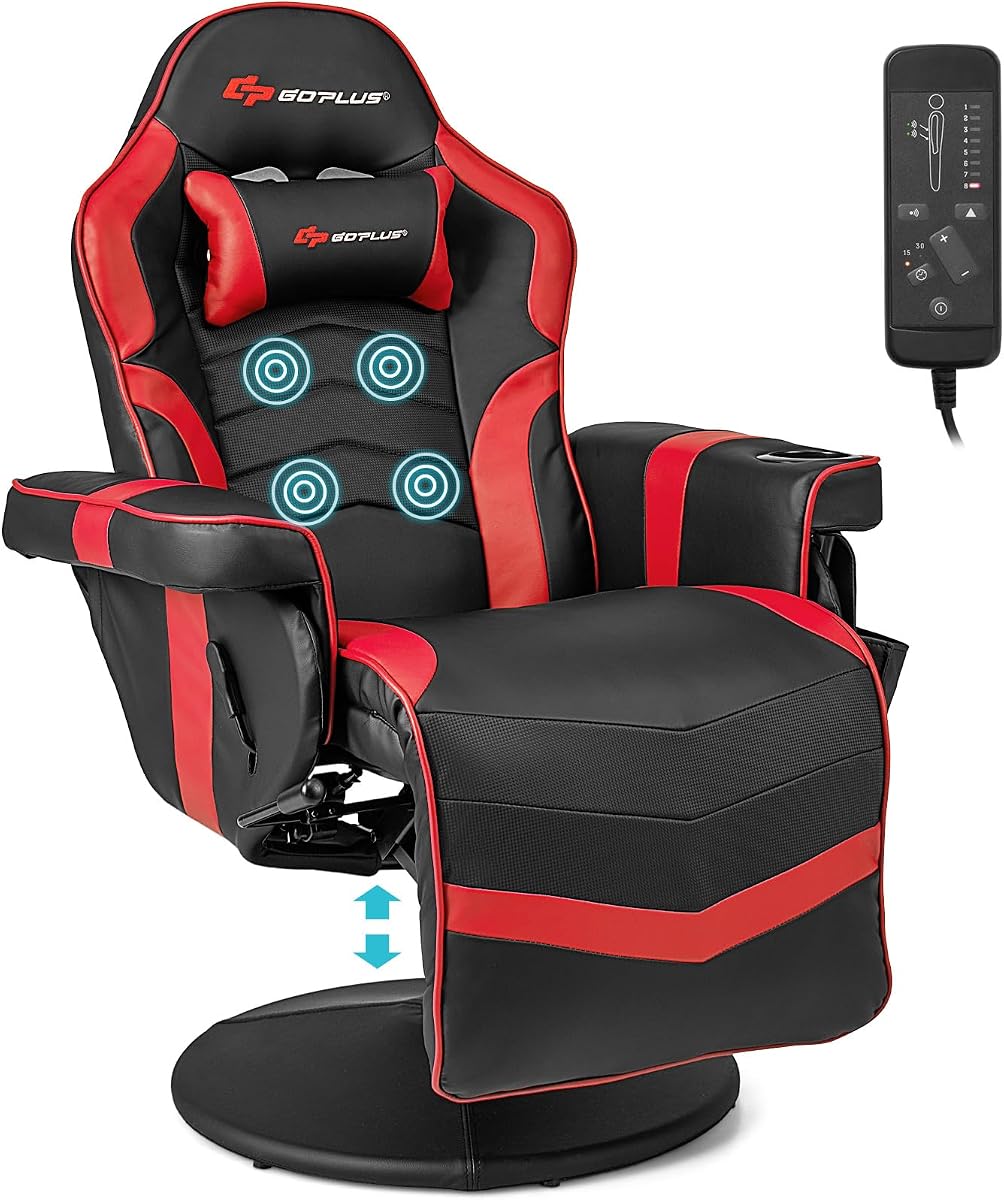 Gaming Chair, Height Adjustable Massage Video Game Chair with Retractable Footrest, Cup Holder, Headrest, Swivel Office Chair, Racing Style Swivel Gamer Chair (Red)
