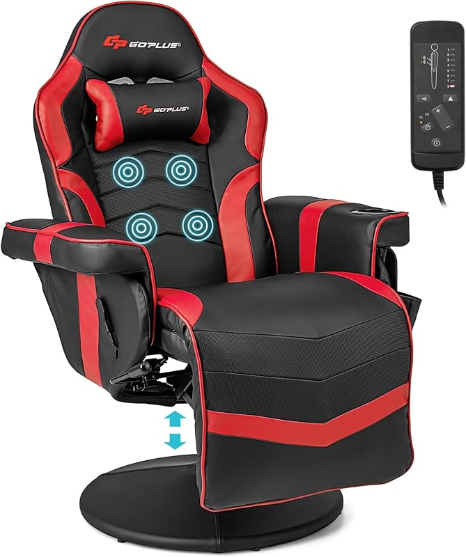 Gaming Chair, Height Adjustable Massage Video Game Chair with Retractable Footrest, Cup Holder, Headrest, Swivel Office Chair, Racing Style Swivel Gamer Chair (Red)