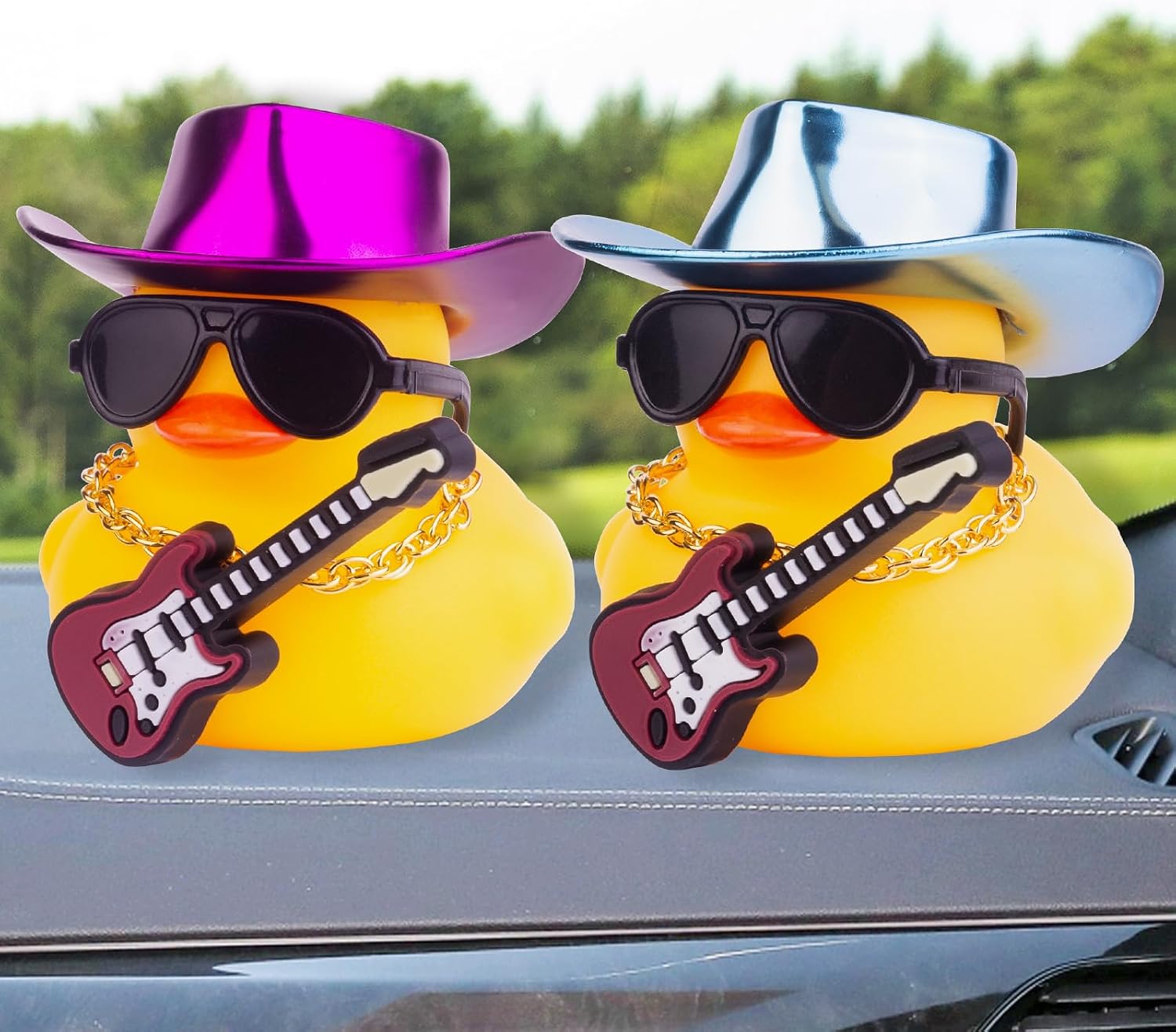 Car Yellow Rubber Duck, Duck Dashboard Decoration with Cowboy Hat Necklace Sunglasses Mini Musical Instrument for Car Dashboard Decorations (ROSEO-Hat)