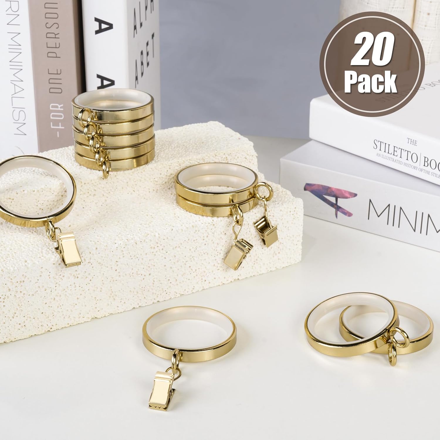 20 Pack Premium Easy Glide Curtain Rings with Clips, Metal Drapery Rings with Silent Nylon Inserts, 2 inch Diameter (1-5/8 inch Inside Diameter) Brushed Gold Curtain Rod Clips & Rings for Windows