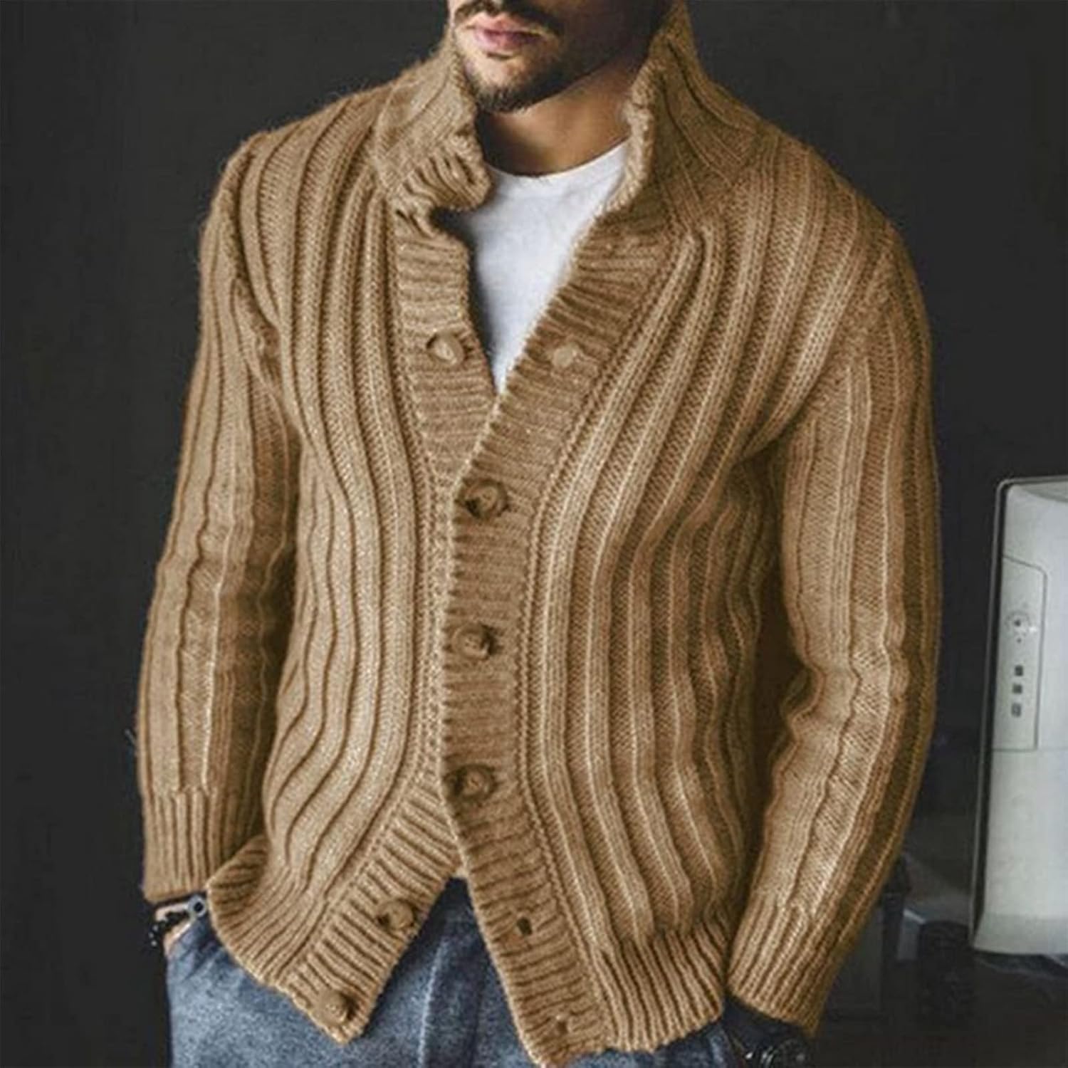 Men's Long Sleeve Casual Comfort Fit Cardigan Sweater Shawl Collar Soft Fabric - Image 2
