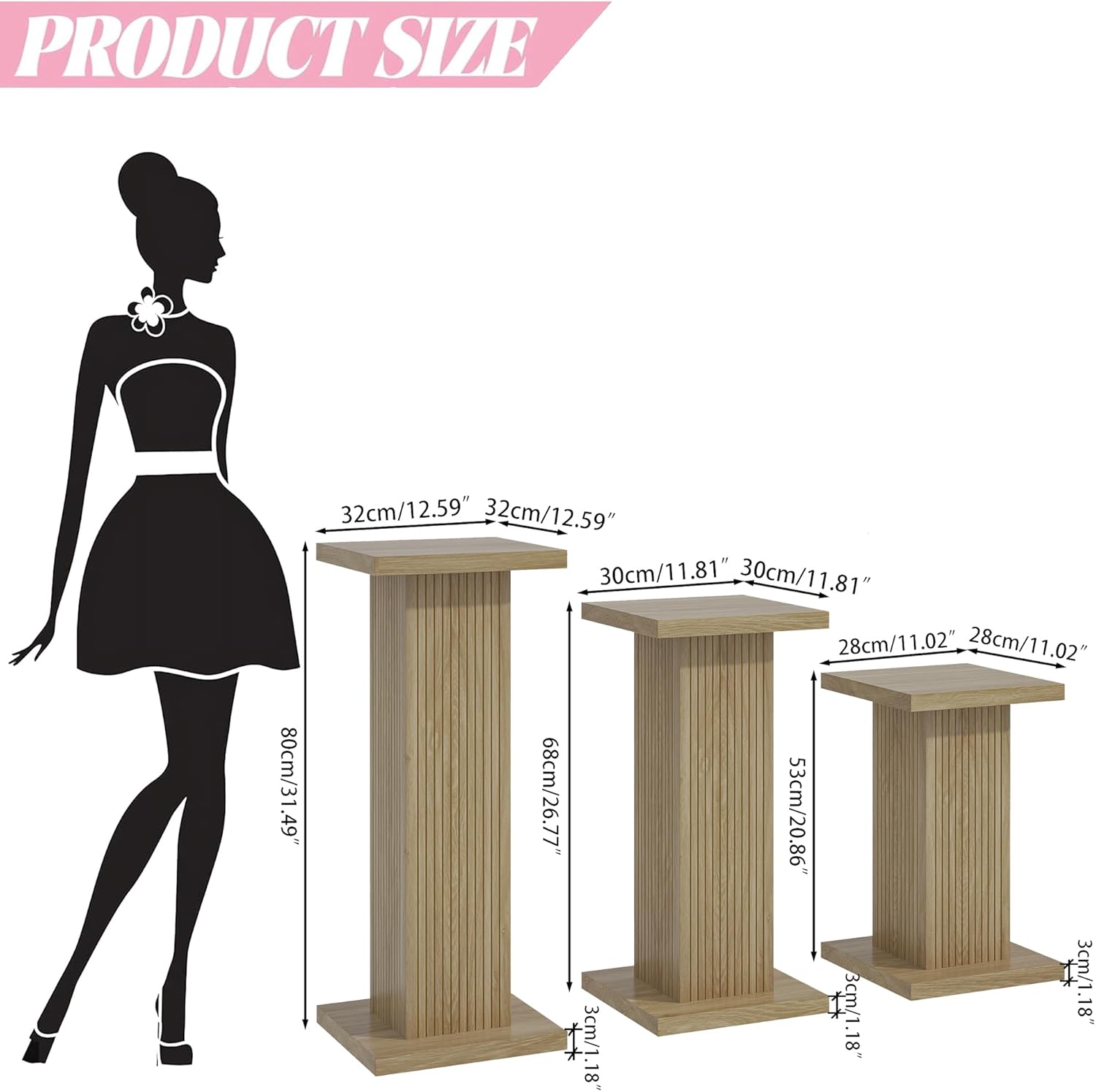 Mxtxmy 3PCS Square Pedestal Stand for Party,Wood Display Pedestal Stands for Parties,Fluted Plinth Pillars Table for Wedding Birthday Baby Shower Decor
