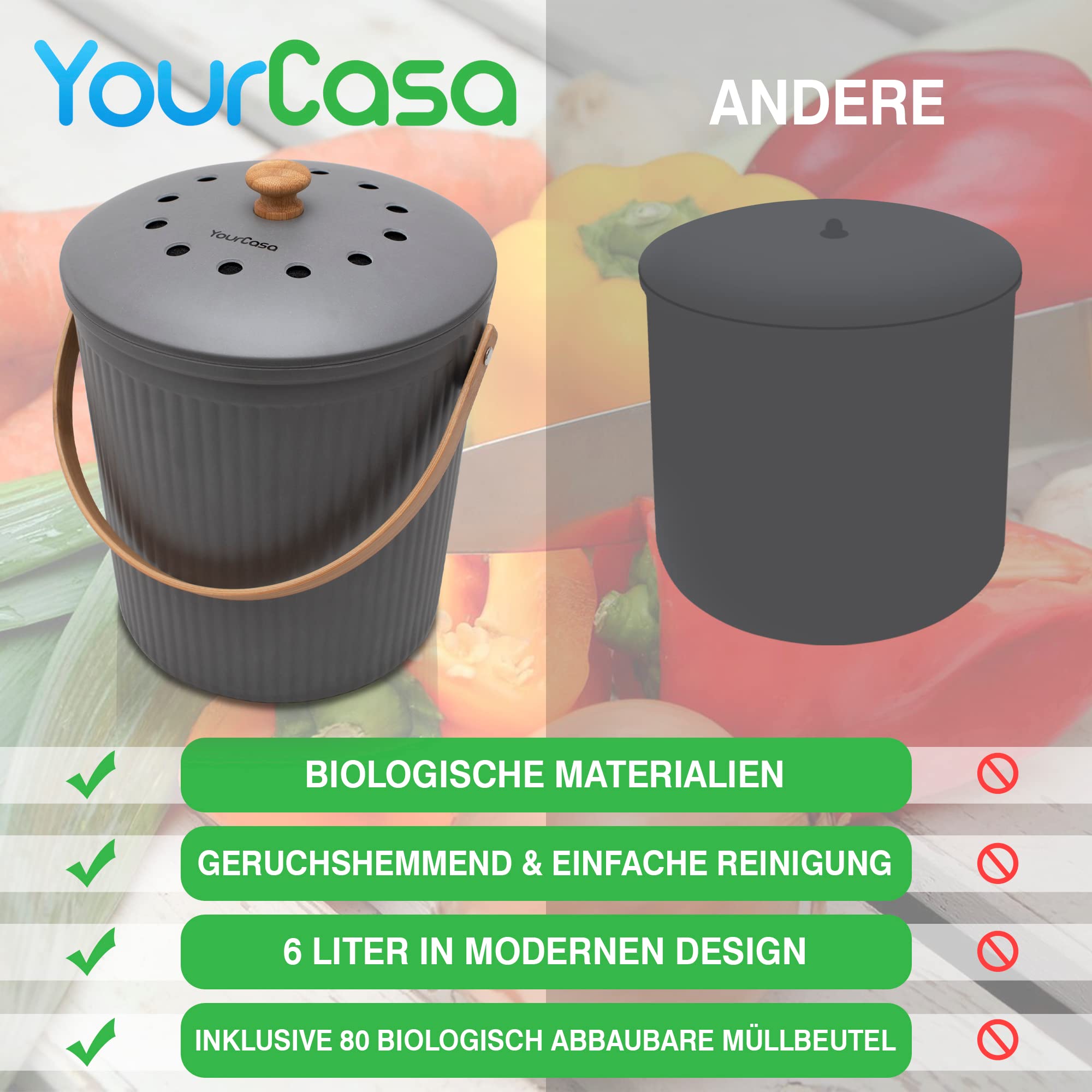 YourCasa® Kosz na kompost kuchenny – 6 l – na codzienne odpady organiczne – zmywalny – ekologiczny kosz na śmieci z pokrywką i filtrem + 80 biodegradowalnych worków na śmieci (ciemnoszary)