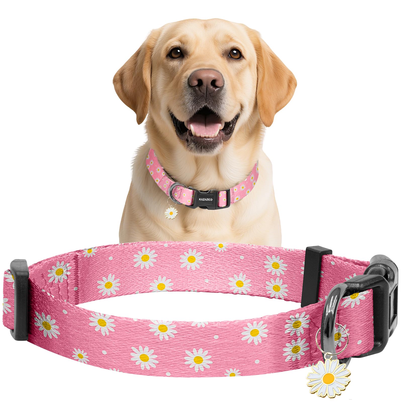 Kazazoo Dog Collar Cute and Soft Nylon Puppy Collar Girl Dogs, Adjustable Dog Collars for Large Dogs, Pink Daisy-L