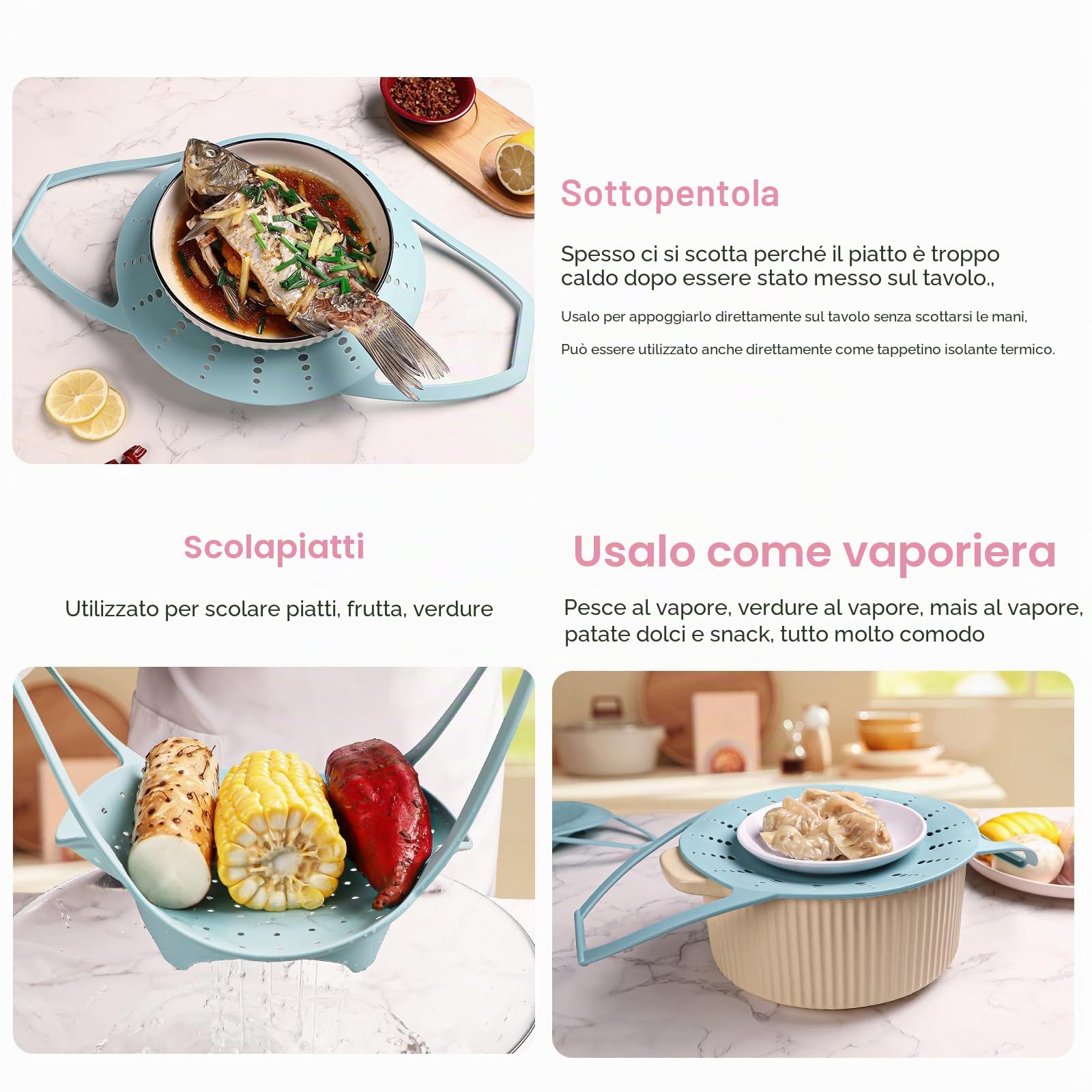 Cestino per cottura a vapore in silicone con design pieghevole per verdure, compatibile con pentole istantanee, riutilizzabile, antiaderente, senza BPA, blu