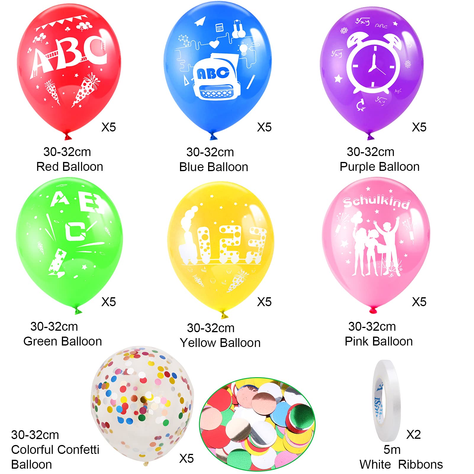 5 Luftballons Einschulung Mit ABC & 123 - Bunt Gemischt, Ca. 30 Cm Durchmesser Für Schulanfangs-Party