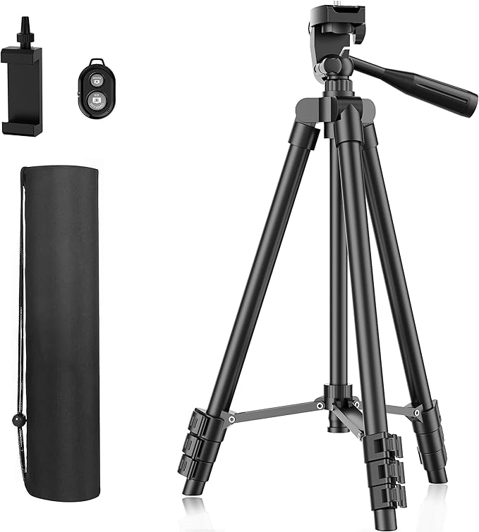 Phone Tripod, 51" Extendable Travel Lightweight Tripod Stand with Carrying Bag, Universal Tripod with Bluetooth Remote, Cell Phone Mount for Phone Xs/Xs Max/Xr/X/8/8 Plus/Samsung/Huawei Phone,Camera
