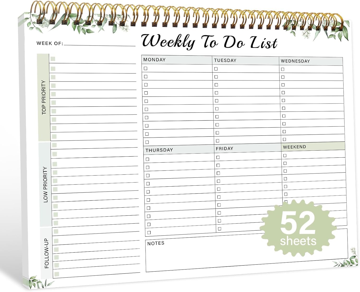 Weekly To Do List Notepad with 52 Undated Sheets(8.5"×11")- Undated Weekly Desk Planner for Women & Man, School/Office Supplies
