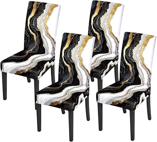 ANNA QUEEN Juego de 4 fundas para sillas de comedor y cocina, color dorado y negro, elegantes fundas elásticas lavables para sillas de comedor,