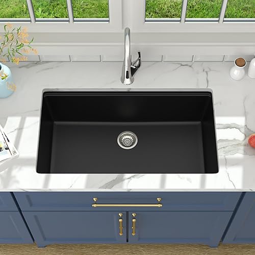 Miniatura 3 de Lordear Fregadero de cocina negro de 33 pulgadas, fregadero de cocina compuesto de granito de 33 x 19 pulgadas, compuesto de cuarzo, negro profundo,