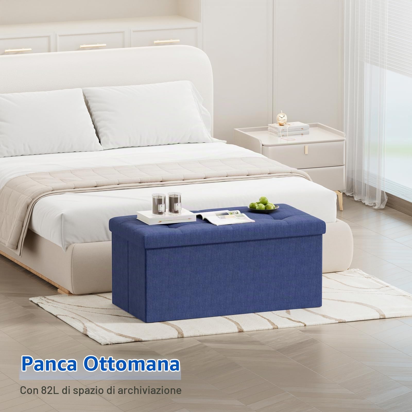 BRIAN & DANY Pouf Puff Pieghevole Stoccaggio Ottomano Poggiapiedi Sgabello Contenitore Cassapanca Pieghevole, Blu Navy - Tessuto Come Lino, 76 x 38 x 38 cm