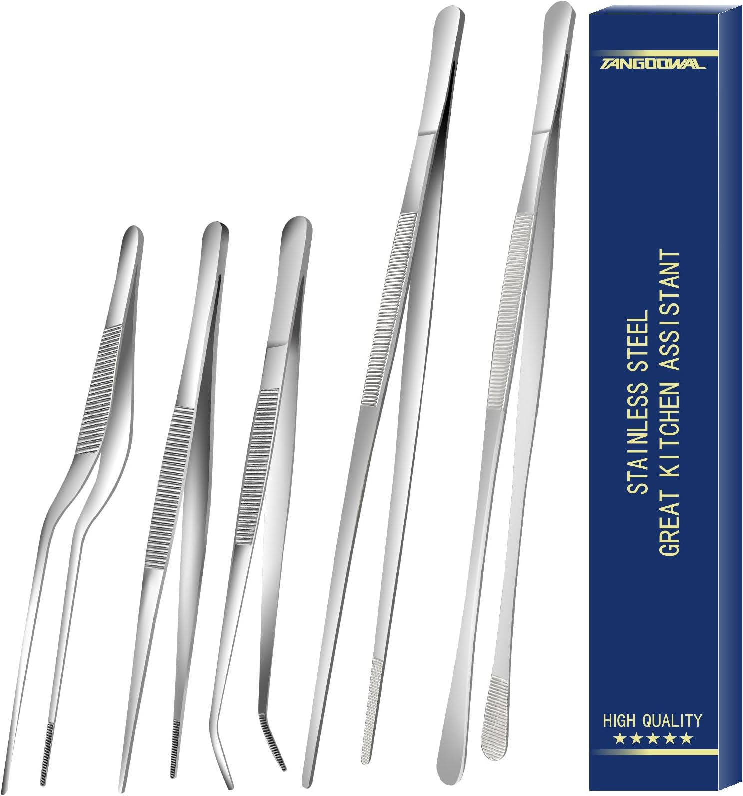 5 Pcs Kitchen Fine Tweezers Tongs, Stainless Steel Food Tongs Set, Professional Kitchen Long Tongs for Cooking,Repairing,Sea food,BBQ,Multi-use(12"and 6.3")