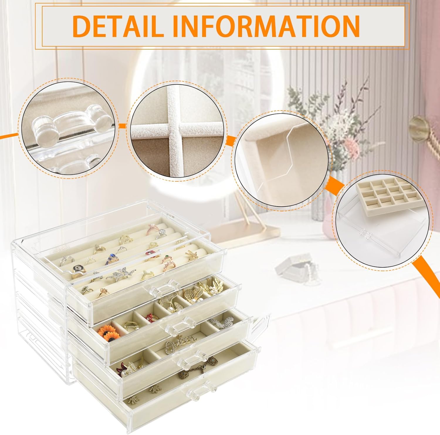 Weiai Acrylic Jewelry Organizer, Clear Jewelry Box with 4 Drawers, Jewelry Case Storage for Women (Beige)