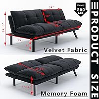 Vista 2 de Sofá cama tipo futón de terciopelo moderno de 70 pulgadas, sofá cama convertible con respaldos ajustables y reposabrazos plegables para sala