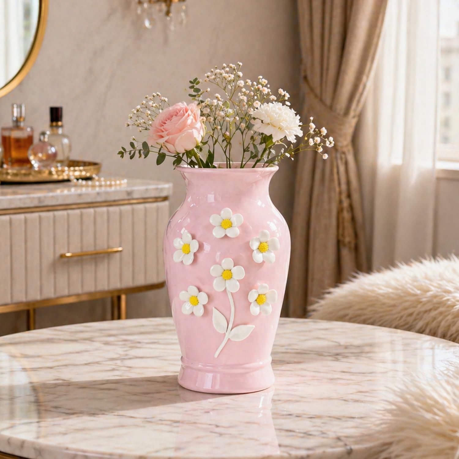 Market99 Ceramic Pink Flower Vase | Flower Holder for Gift, Home Decor, Bedroom, Office, and Living Room | Aesthetic | Vase for Table Top Decoration-image-39