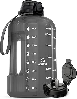 AQUAFIT 128oz 1 Gallon Motivational Water Bottle with Time Markers, Straw & Chug 2-in-1 Lid, BPA-Free Gym Jug - Gray