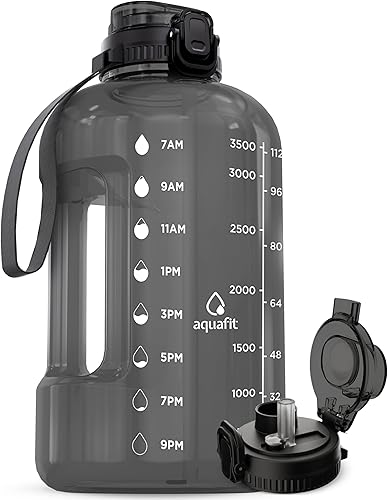Miniatura 9 de AQUAFIT Botella de agua de 1 galón con marcador de tiempo, botella de agua de 128 onzas con popote, botella de agua para el gimnasio, botella de