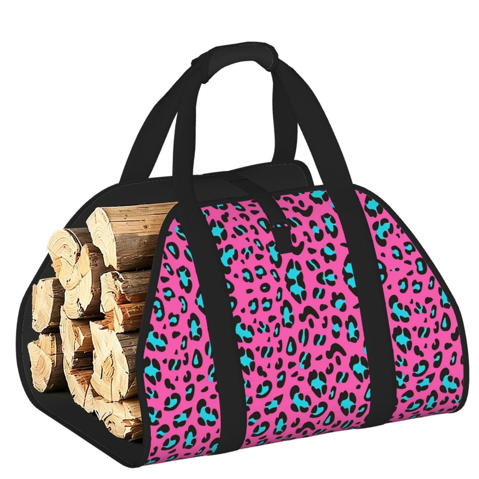 Cute Leopard Printed Firewood Carrier Bag, Log Tote with Open-Ended Design for Camping Outdoor Wood Hauling
