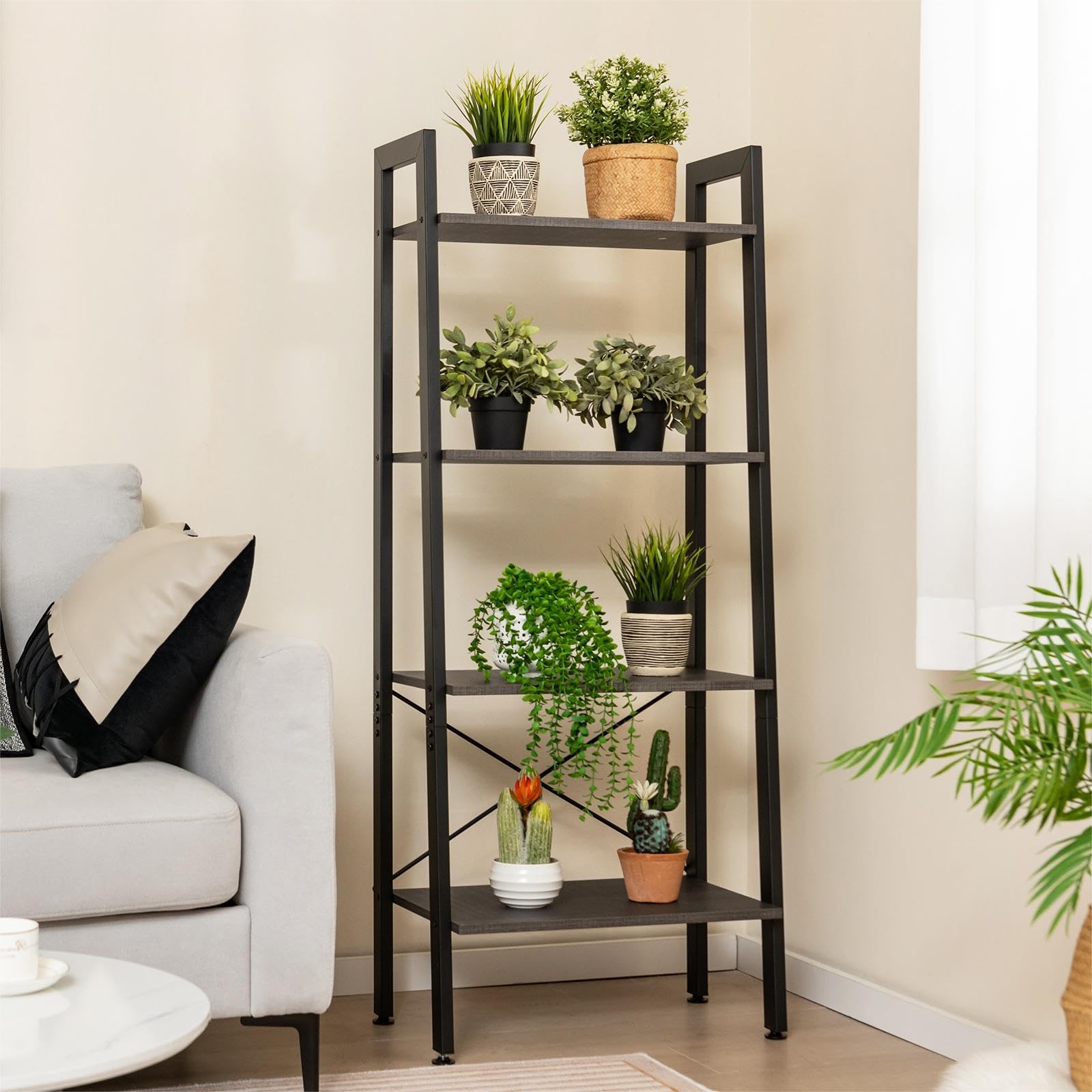 GIANTEX 4-poziomowy regał przemysłowy z metalową ramą, wolnostojąca półka wystawowa, stojak na rośliny do salonu, kuchni, sypialni, 56 x 34 x 138 cm