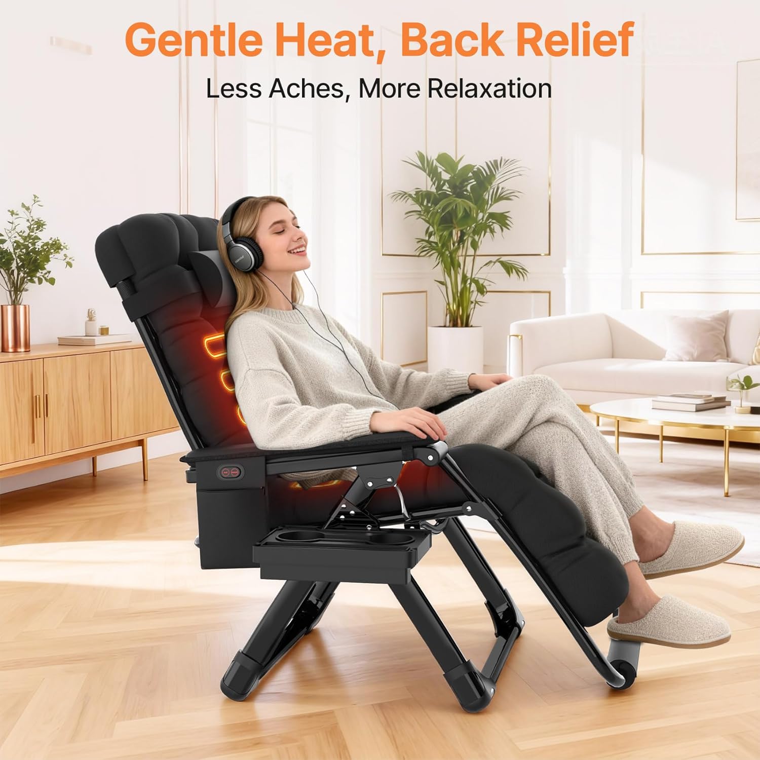 ZENPETIO Heated Zero Gravity Chair XL, Oversized Zero Gravity Recliner w/3 Heat Levels for Back & Seat, Lounge Chair w/Cushion, Armrests & Footrest, Pillow, Big Cup Holder(Battery Not Included)