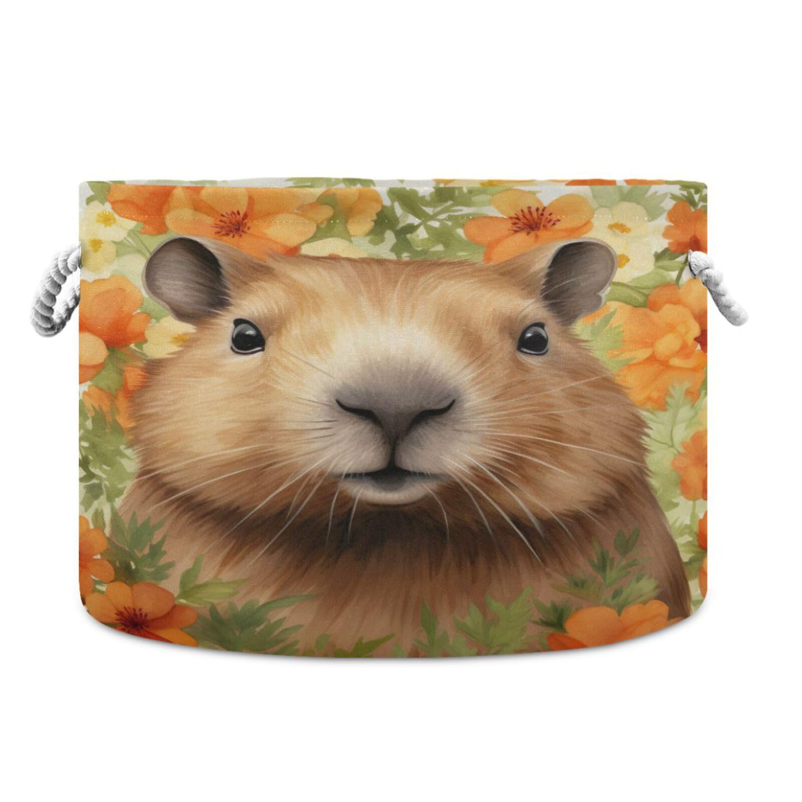 Round Cute Capybara Flower Crown Storage Basket Large Organizer Bin Laundry Hamper Toy Storage Basket with Handle for Nursery Clothes Toys 202b4472