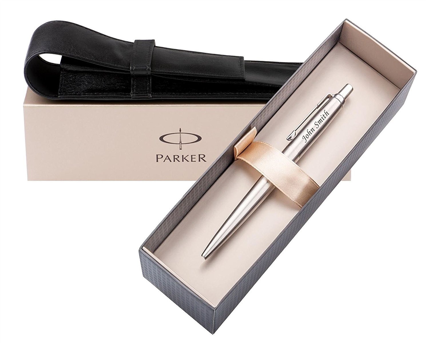 Personalised Engraved Parker Jotter Stainless Steel Ballpoint Pen With Choice Of Traditional Engraving + Leather Case