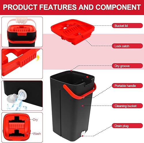 Miniatura 3 de Juego de trapeador y cubo con escurridor, trapeador de piso manos libres con 3 almohadillas de microfibra lavables y mango de acero inoxidable para