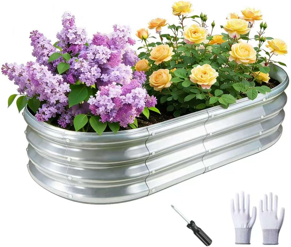 GOOZOO Galvanized Planter Raised Garden Bed, 4x2x1 ft Raised Garden Bed Kit for Gardening Outdoor, Oval Metal Land Planter Box for Vegetables, Flowers, Herbs, Fruits, Easy Assembly（Silver）