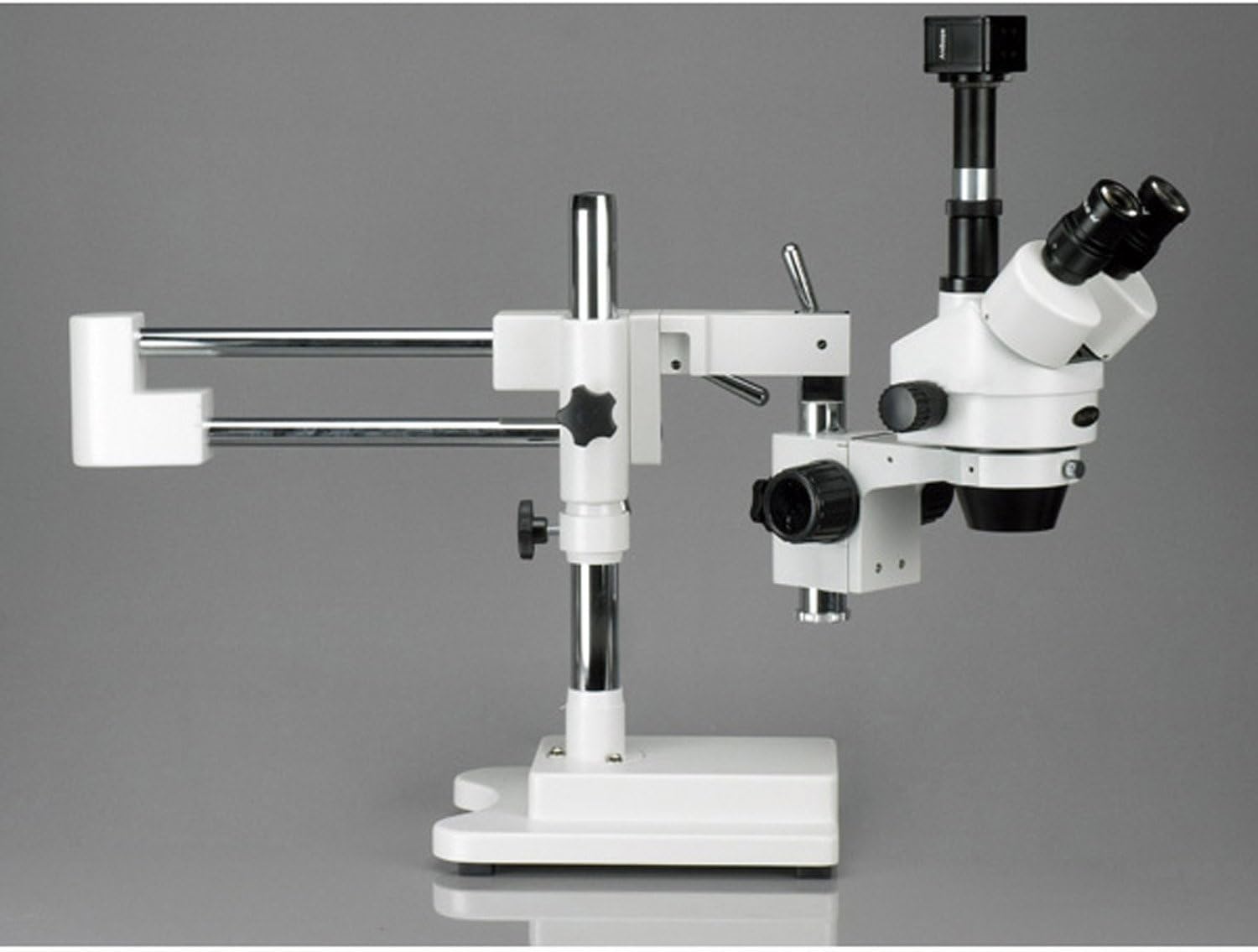 AmScope SM-4TP-FRL-M Digital Professional Trinocular Stereo Zoom Microscope with Simultaneous Focus Control, WH10x Eyepieces, 7X-45X Magnification, 0.7X-4.5X Zoom Objective, 8W Fluorescent Ring Light, Double-Arm Boom Stand, 110V-120V, Includes 1.3MP Camera with Reduction Lens and Software