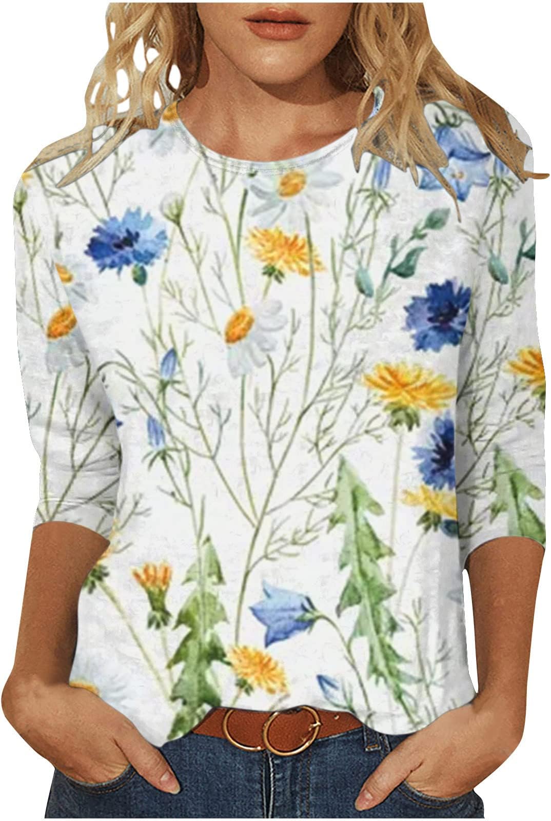 maisdgop3/4 Sleeve Tees for Women Pretty Flower Print Blouses Casual Office Work Shirts Loose Soft Crew Neck Workout Tops