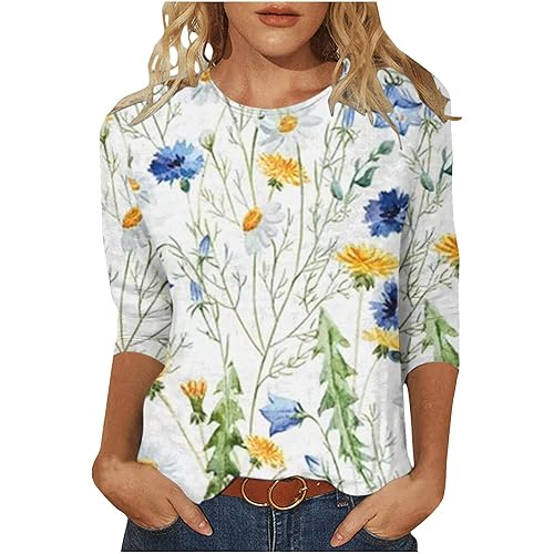 Womens Vintage Print Summer Blouses Elbow Length Casual Tops 3/4 Sleeve Tshirts Shirts Loose Fit Ladies Clothing 2024
