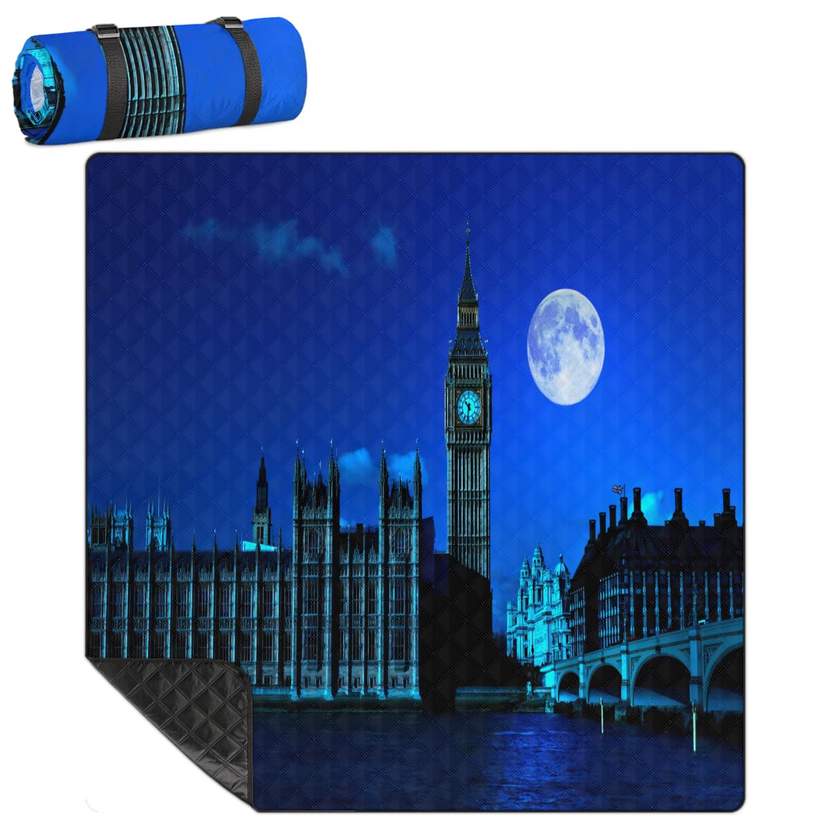 Shimoshe Extra Large Picnic Blankets 79”x 79”, Moon London Big Ben Waterproof Foldable Picnic Mat with Straps Portable Beach Blanket for Camping Park Grass Beach Indoor