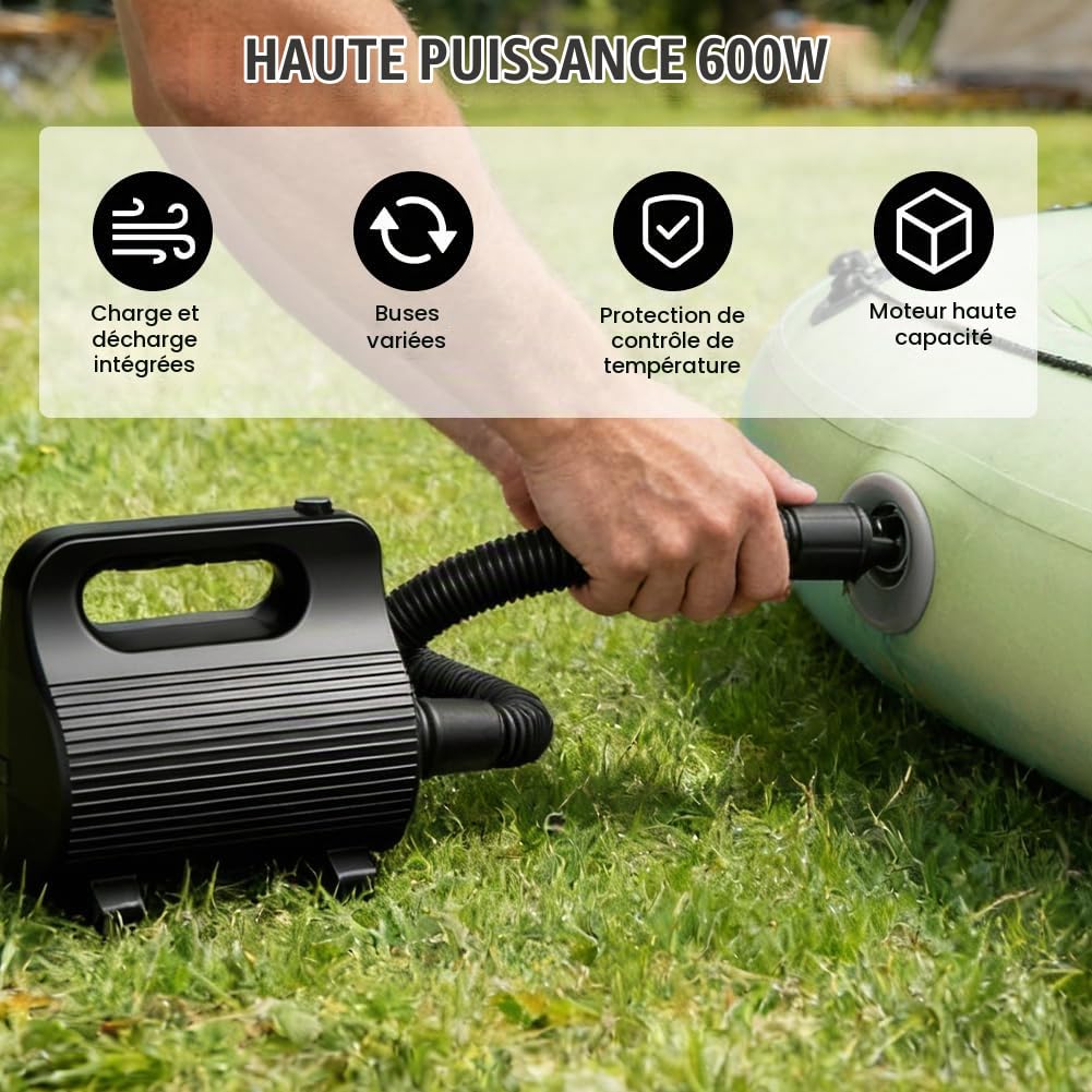 Pompe à Air Electrique 400W-600W, Pompe à Air Portable à 4 Buses pour Un Gonflage Ultra-Rapide des Matelas Pneumatiques, Piscines, Aides à La Natation et Matelas (AC220-240V)