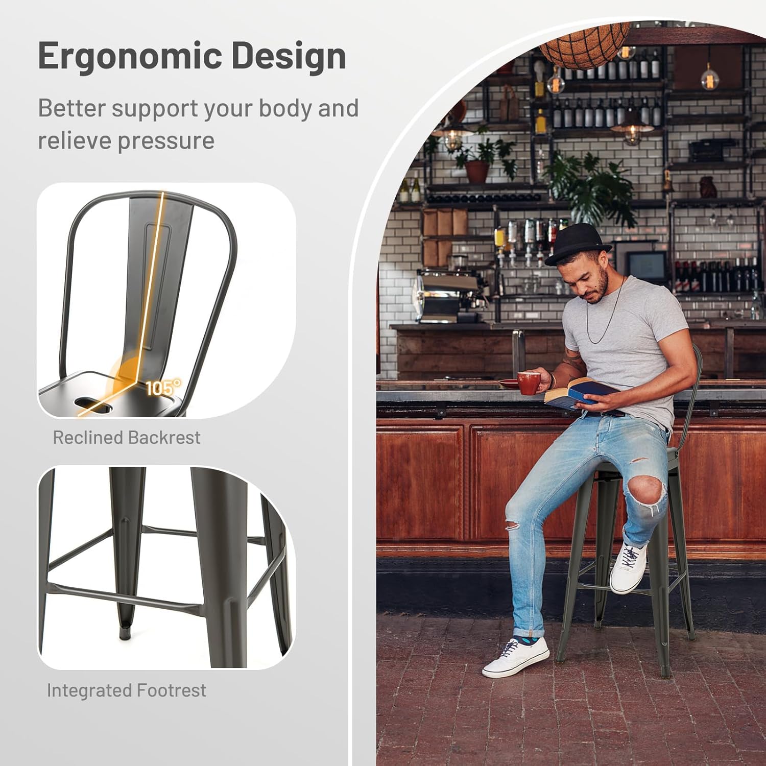 Giantex Metal Bar Stools Set of 4, 30" Bar Height Modern Industrial Barstools w/Removable Bucket Back & Footrest, High Back Bar Dining Chairs with Rubber Foot Pads for Kitchen Home Bar, Charcoal Grey