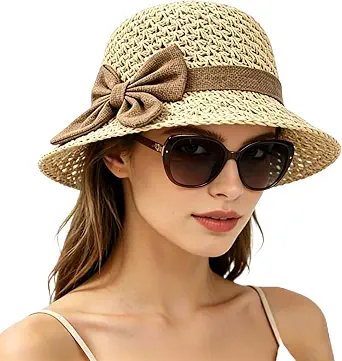 Women Straw Sun Hat with Bow, UPF 50+ Foldable Wide Brim for Beach & Travel