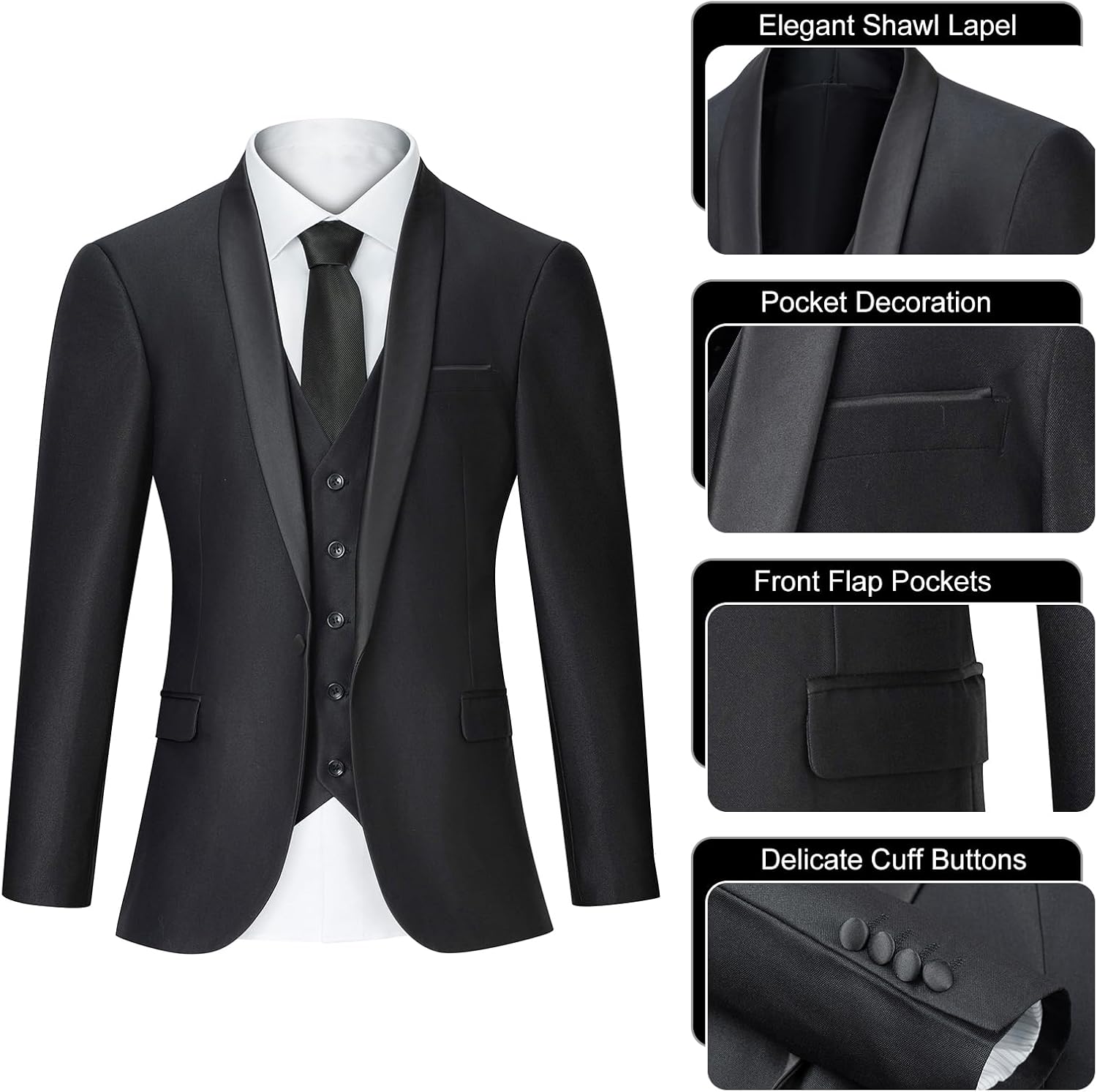 Men's Suit 3 Piece Slim Fit Suits for Men, One Button Solid Shawl Lapel Blazer Jacket Vest Pants Set for Party Wedding - Image 3