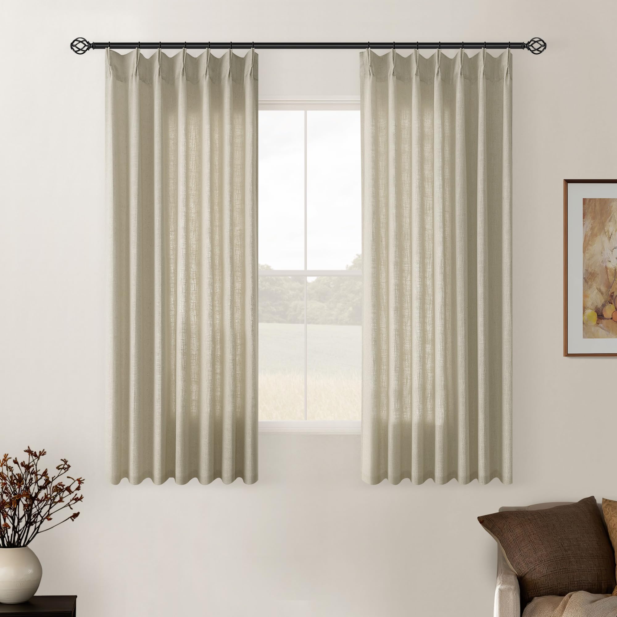 Khaki Beige Linen Curtains 45 Inch Length 2 Panel Set for Small Windows Rustic Country Linen Cotton Light Filtering Drapes Privacy Pinch Pleated Back Tab Semi Sheer Kitchen Curtains 45 Inches Long